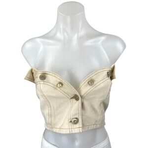 River Island Cream Jeweled Rhinestone Button Denim Corset Bandeau Crop Top Sz 10
